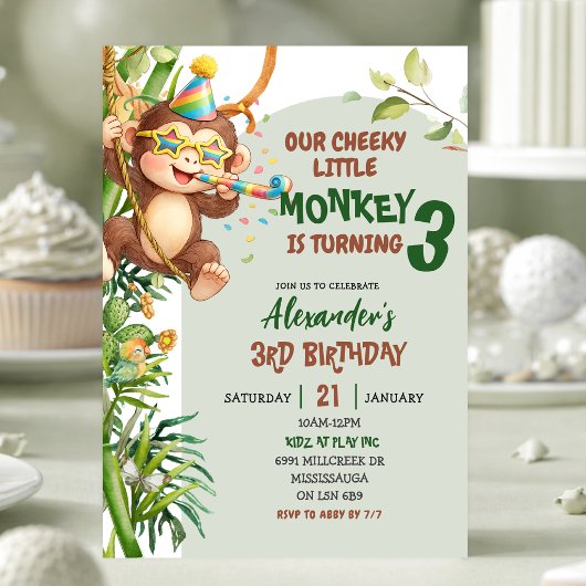 Green Cheeky Little Monkey Savannah Theme Birthday Kaart