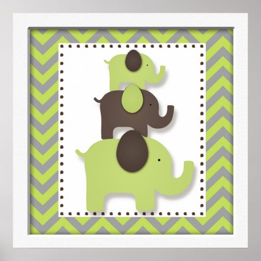 Green Chevron Elephant Nursery Wall Art Poster (Voorkant)