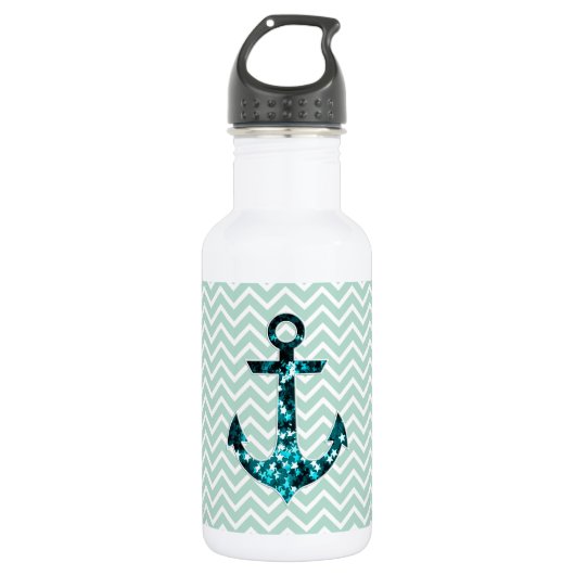 Green Chevron en Sparkly Stars Anchor Waterfles (Voorkant)