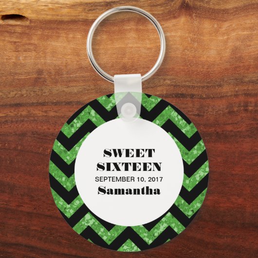 Green Chevron Glitter Sweet 16 Sleutelhanger (Voorkant)