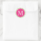 Green Chevron Pink Monogram Ronde Sticker (Tas)