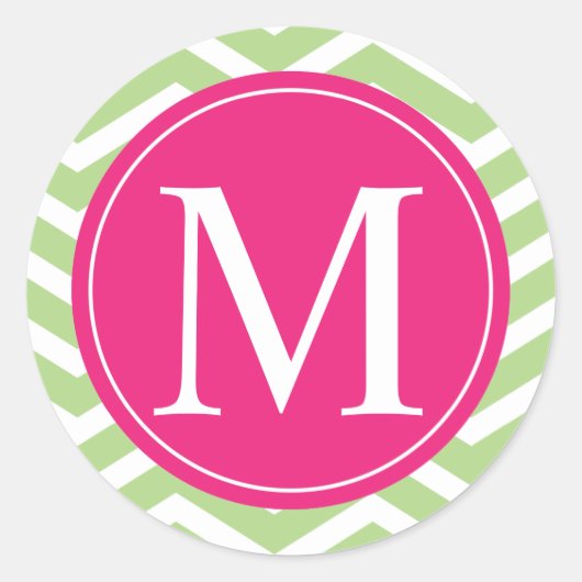 Green Chevron Pink Monogram Ronde Sticker (Voorkant)