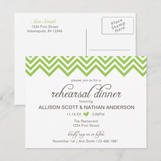 Green Chevron Rehearsal Dinner Invite Briefkaart (Voorkant / Achterkant)