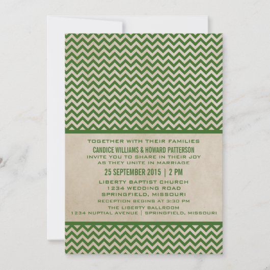 Green Chic Chevron Wedding Invite Kaart (Voorkant)