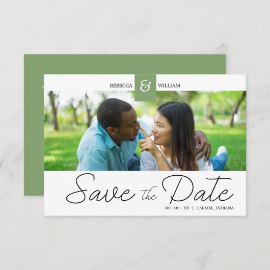 Green Chic Custom Photo Instant Engaged Couple Save The Date (Voorkant / Achterkant)