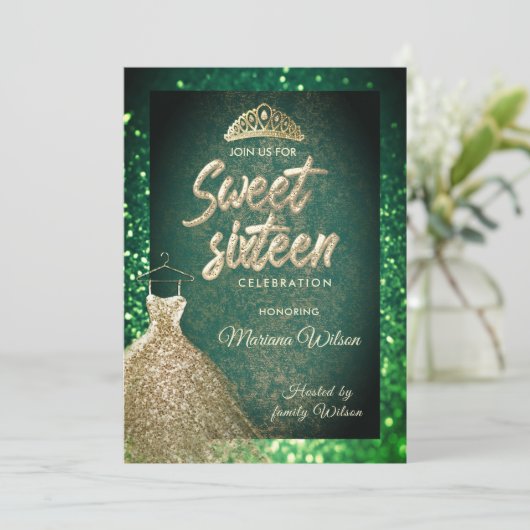 Green chic Gold sequins kleden tiara Sweet 16 Kaart (Staand voorkant)