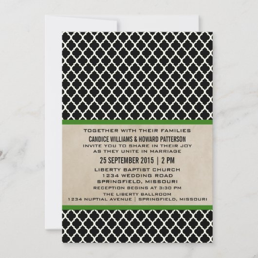 Green Chic Quatrefoil Wedding Invite Kaart (Voorkant)