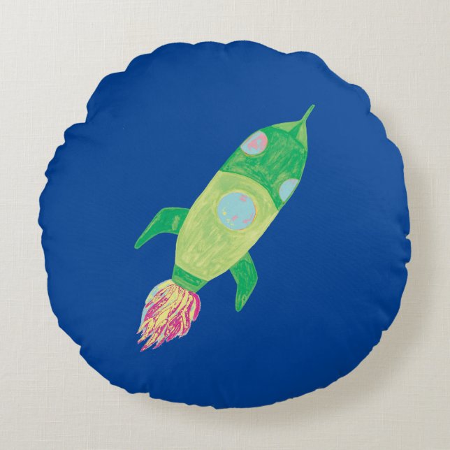 Green Childish Space Rocket Star Rond Kussen (Voorkant)