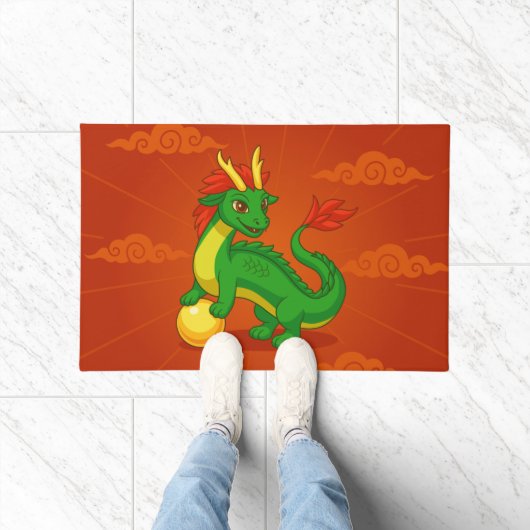 Green Chinese Dragon on Red Deurmat (Binnen)