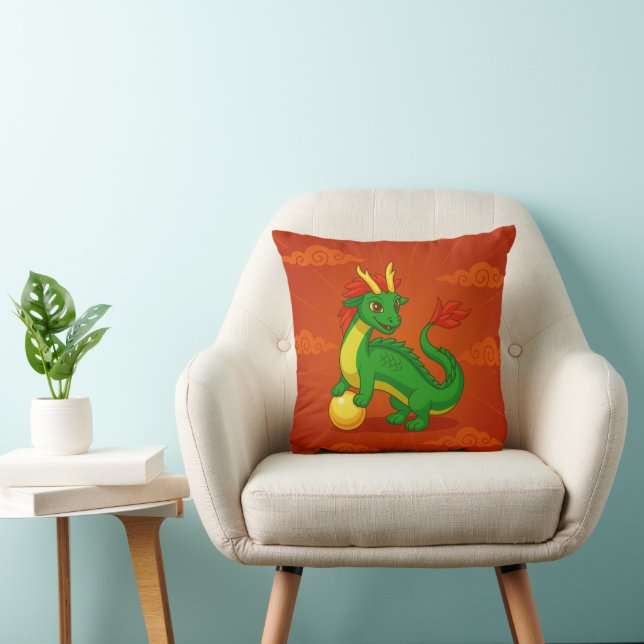 Green Chinese Dragon on Red Kussen (Stoel)