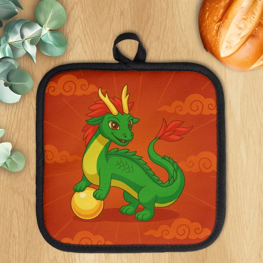 Green Chinese Dragon on Red Pannenlap