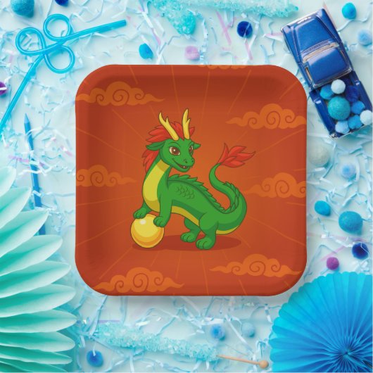 Green Chinese Dragon on Red Papieren Bordje (Feest)