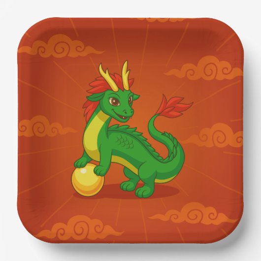 Green Chinese Dragon on Red Papieren Bordje (Voorkant)