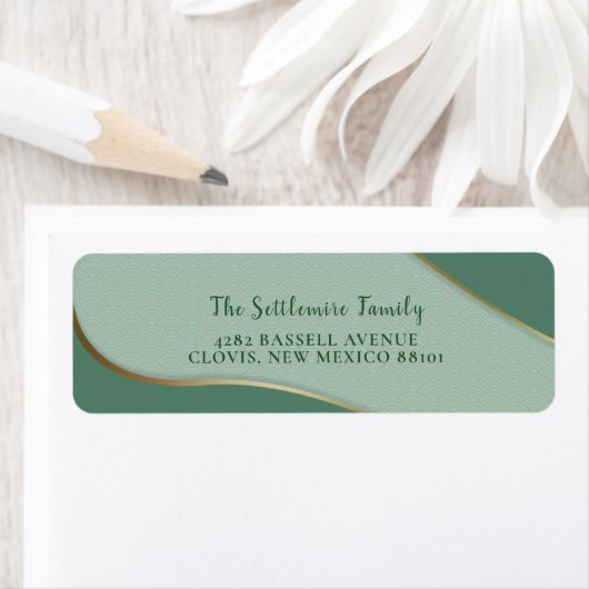 Green Chinoiserie Abstract Cloud Pattern Gold Line Etiket (Insitu)