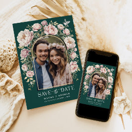 Green Chinoiserie Floral Bird Photo Save the Date Kaart