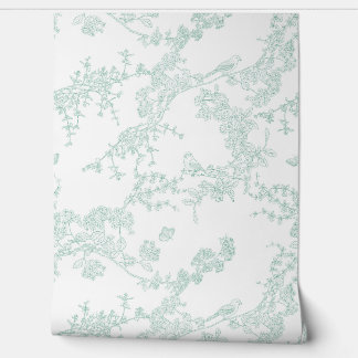 Green Chinoiserie Toile Jouy Birds Floral Garden Behang