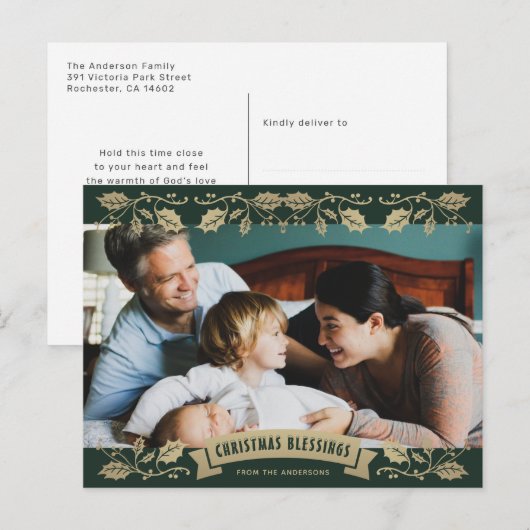 Green Christmas Blessings Christian Photo Feestdagenkaart (Voorkant / Achterkant)
