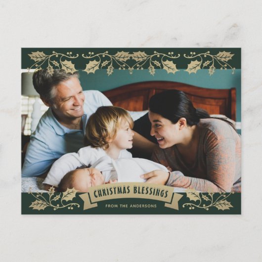 Green Christmas Blessings Christian Photo Feestdagenkaart (Voorkant)