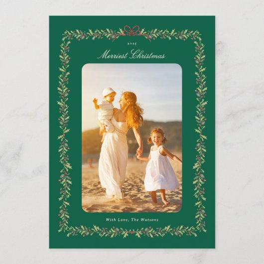green christmas bow botanical frame photo feestdagenkaart (Voorkant)