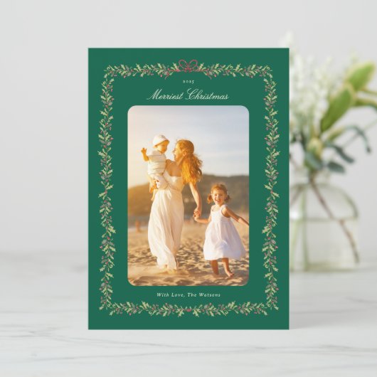 green christmas bow botanical frame photo feestdagenkaart (Staand voorkant)