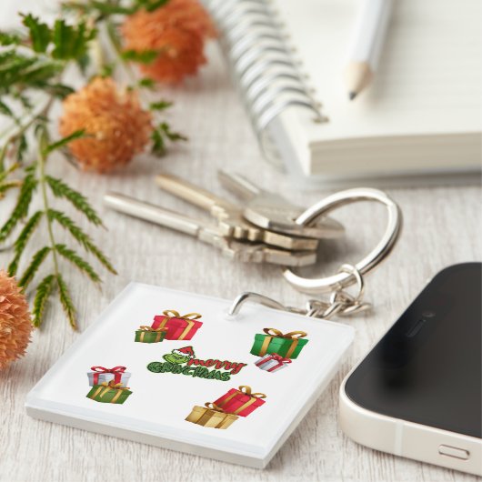 Green Christmas Creature with Gift Boxes Sleutelhanger (Voorkant Rechts)