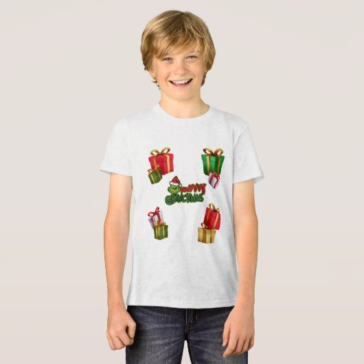 Green Christmas Creature with Gift Boxes Tri-Blend Shirt (Voorkant volledig)