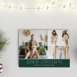 GREEN Christmas Elegant 4 Collage Fotobericht Feestdagenkaart<br><div class="desc">Deel de hoogtepunten van uw familie met deze kerstkaart van het jaar in de review met een eenvoudig, minimaal en strak ontwerp. De voorkant bevat een moderne vier foto collage in combinatie met de feestelijke begroeting "Merry Christmas" in een elegant serif lettertype over een klassieke groene kleur met ruimte om...</div>