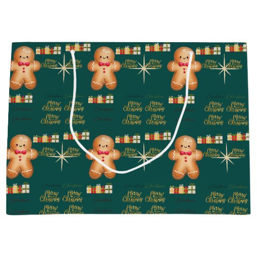 Green Christmas happy day and Christmas stocking Groot Cadeauzakje (Voorkant)