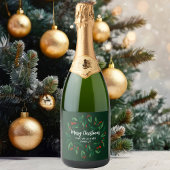 Green Christmas Party Custom Holly Berry Sparkling Wijnetiket