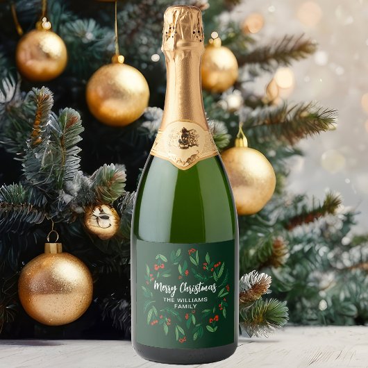 Green Christmas Party Custom Holly Berry Sparkling Wijnetiket