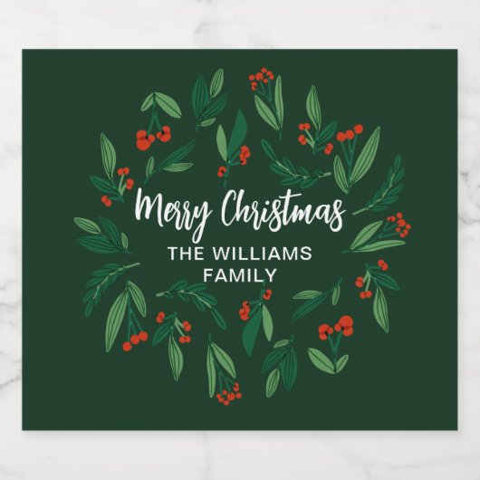 Green Christmas Party Custom Holly Berry Sparkling Wijnetiket (Enkel label)