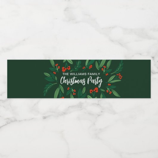 Green Christmas Party Holly Berry Personalized Waterfles Etiket (Enkel label)
