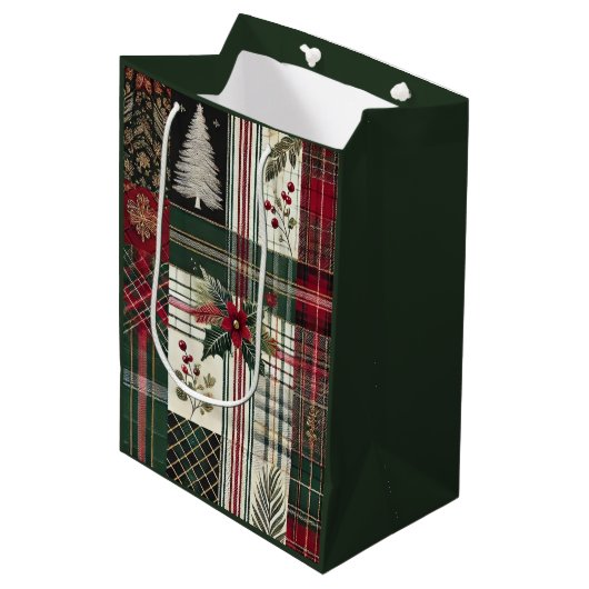 Green Christmas Rustic Plaid Wrapping Paper Medium Cadeauzakje (Voorkant Gekanteld)