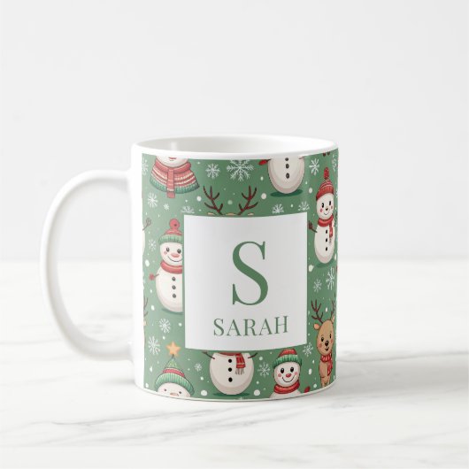 Green Christmas Snowman & Reindeer Monogram Name Koffiemok (Links)