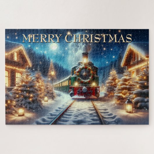 Green Christmas Train in Snowy Village Legpuzzel (Horizontaal)
