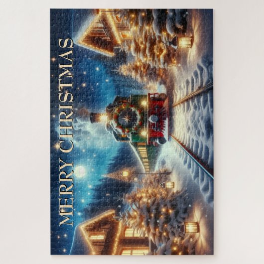 Green Christmas Train in Snowy Village Legpuzzel (Verticaal)