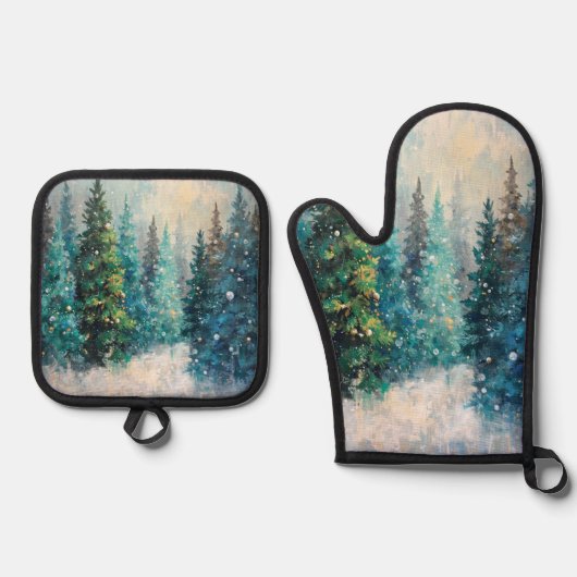 Green Christmas Trees Winter Forest Ovenwant & Pannenlap Set (Voorkant)