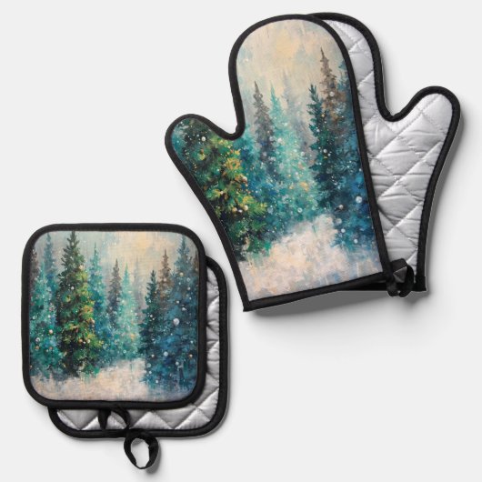 Green Christmas Trees Winter Forest Ovenwant & Pannenlap Set (Voorkant / Achterkant)