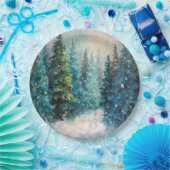 Green Christmas Trees Winter Forest Papieren Bordje (Feest)