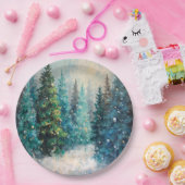 Green Christmas Trees Winter Forest Papieren Bordje (Feest)