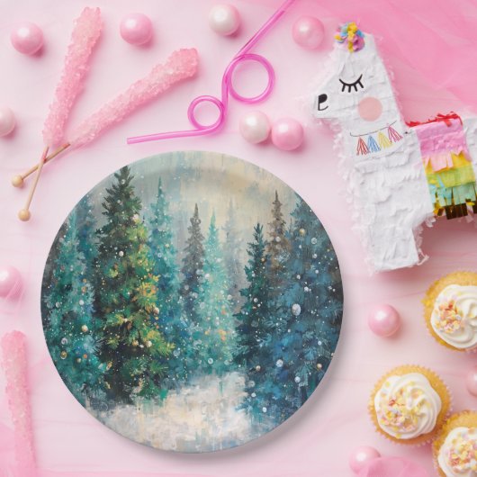 Green Christmas Trees Winter Forest Papieren Bordje (Feest)