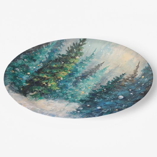 Green Christmas Trees Winter Forest Papieren Bordje (Gekanteld)