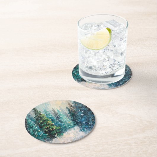 Green Christmas Trees Winter Forest Ronde Kartonnen Onderzetter (Insitu)