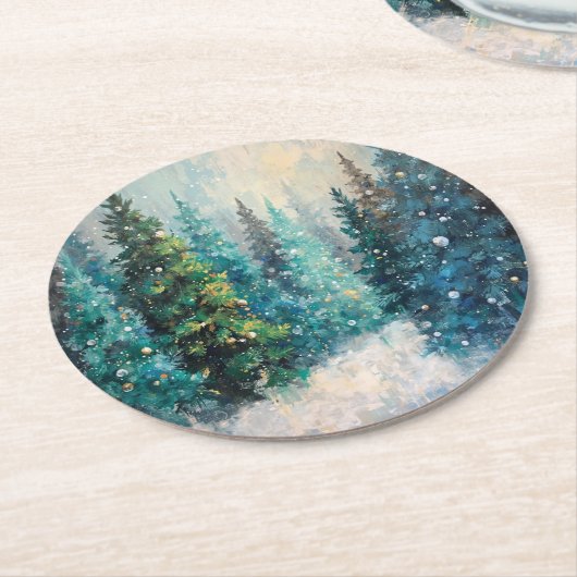 Green Christmas Trees Winter Forest Ronde Kartonnen Onderzetter (Gebogen)