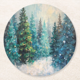 Green Christmas Trees Winter Forest Ronde Kartonnen Onderzetter
