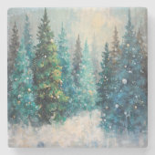 Green Christmas Trees Winter Forest Stenen Onderzetter (Voorkant)