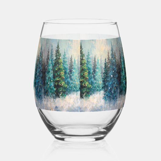 Green Christmas Trees Winter Forest Wijnglas Zonder Voet (Rechts)