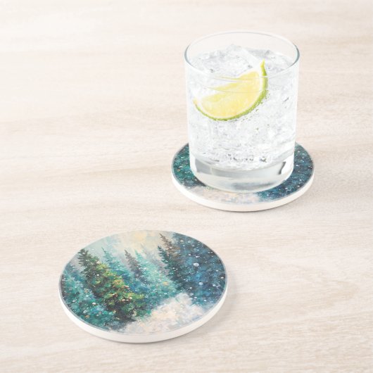 Green Christmas Trees Winter Forest Zandsteen Onderzetter (Zijkant)