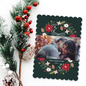 Green Christmas Wreath Floral Holiday Photo Card Kaart