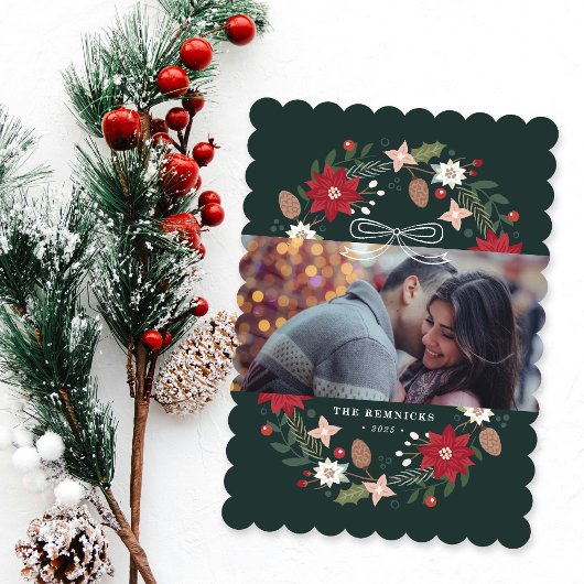 Green Christmas Wreath Floral Holiday Photo Card Kaart